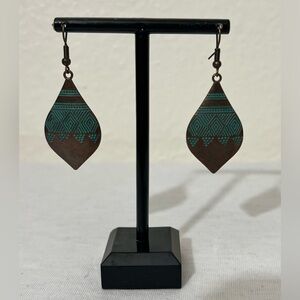 NWOT Carved, Spoon Shaped Patina Copper Drop Earrings